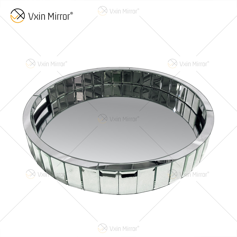 Round Silver Mosaic Mirror Vanity Organizer Decorative Mirror Tray Vanity Markup Jewelry Tray Silver Tray for Home Decor WXMT-18