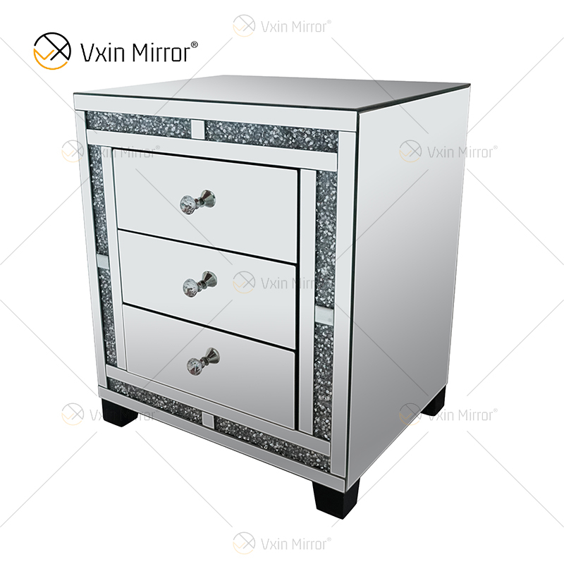 Good Quality Silver Crushed Diamond Nightstand Bedside With 3 Drawer Mirrored Bedside Table