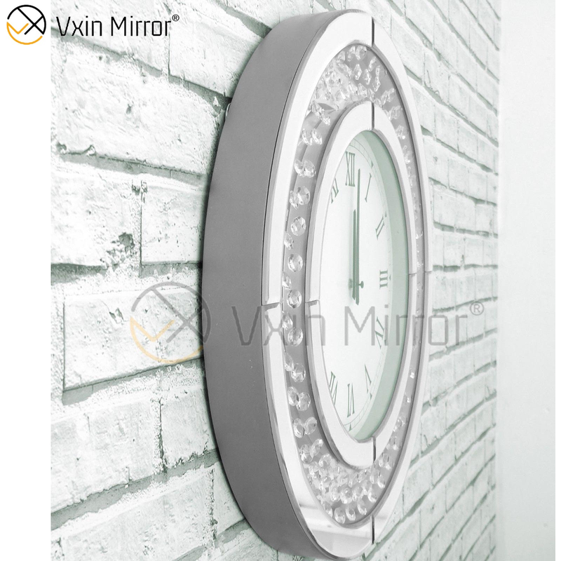 Round Large Sparkly Crushed Diamond Bevelled 50cm Floating Crystal Silver Mirrored Wall Clock WXC-009