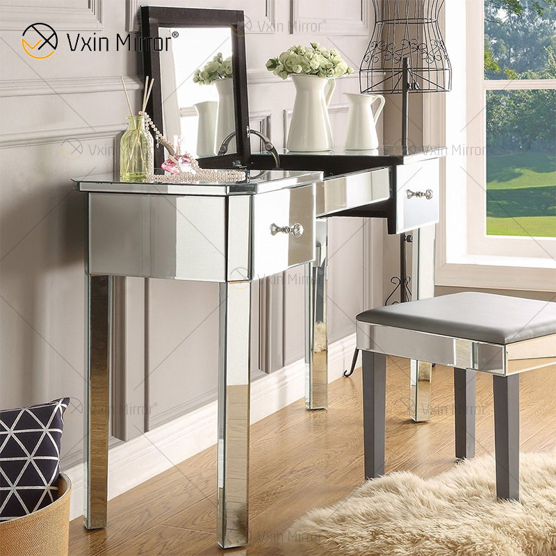 China Supply Modern Silver Dressing Table with Stool 2 Drawers with Full-length Mirror
