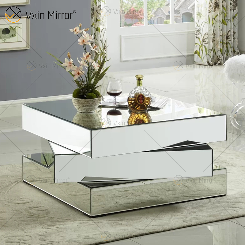 Vxin WXF-2138 3D Sparkling Crushed Diamond Geometry Mirrored Coffee Table Silver Covered with Diamonds