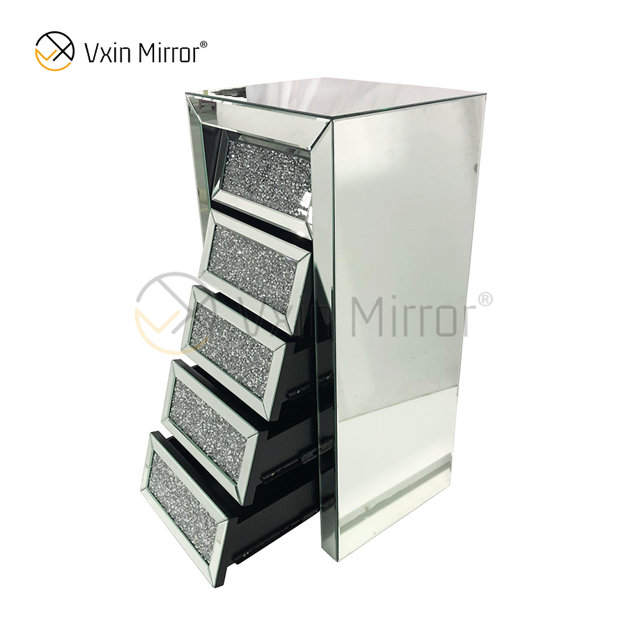 Vxin Mirror Silver Crushed WXWF-707 Diamon Nightstand Bevel Bedside Table With 5 Drawer Mirrored Bedside Table