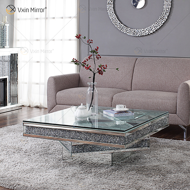 Vxin WXF-158 3D Sparkling Crushed Diamond Square Mirrored Coffee Table Silver Tempered Glass Table
