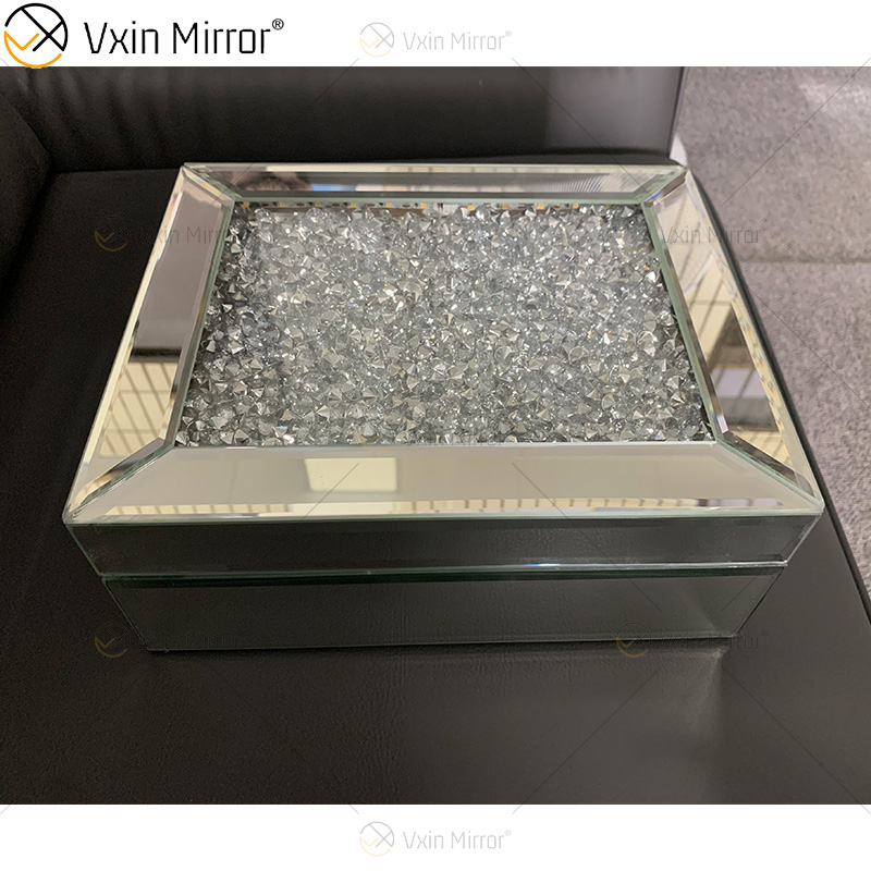 LED VXin Home Decor Jewelry Boxes Silver Glass Crushed Diamond Modern Mirrored Jewelry Box with LED
