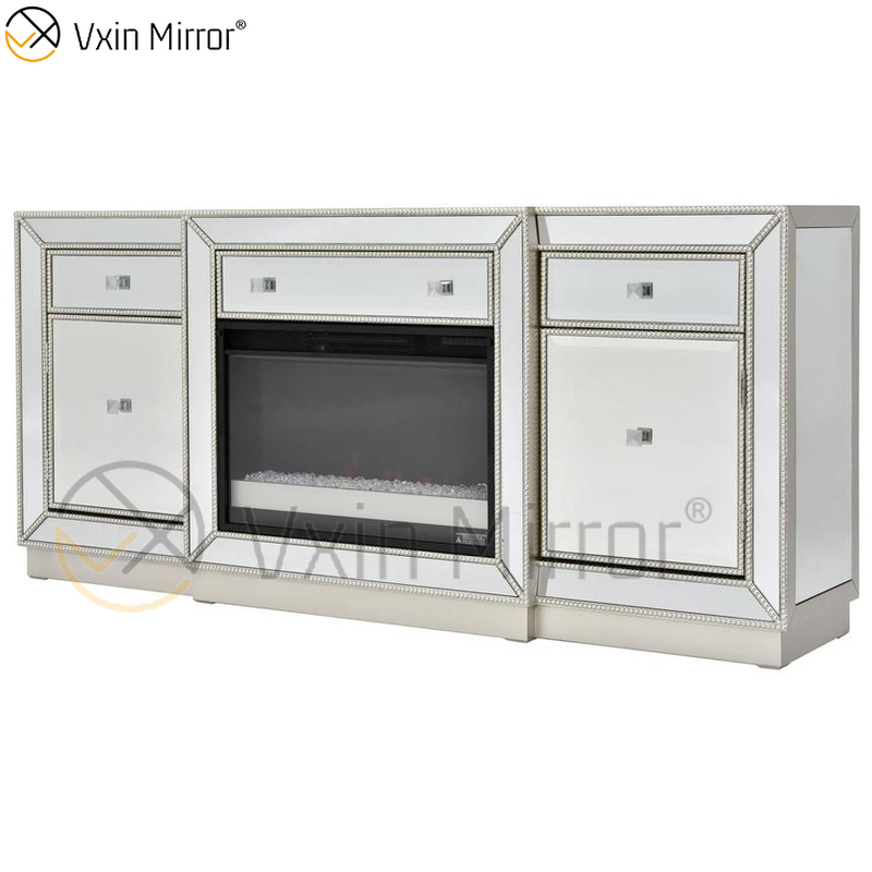 Vxin Mirror Furniture Crushed Diamond Champagne Mirrored Fireplace TV Stands Cabinet Stands with Crystal Insert