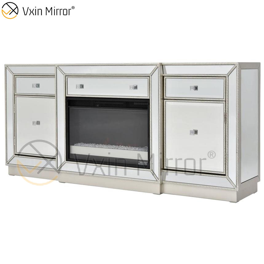 Vxin Mirror Furniture Crushed Diamond Champagne Mirrored Fireplace TV Stands Cabinet Stands with Crystal Insert