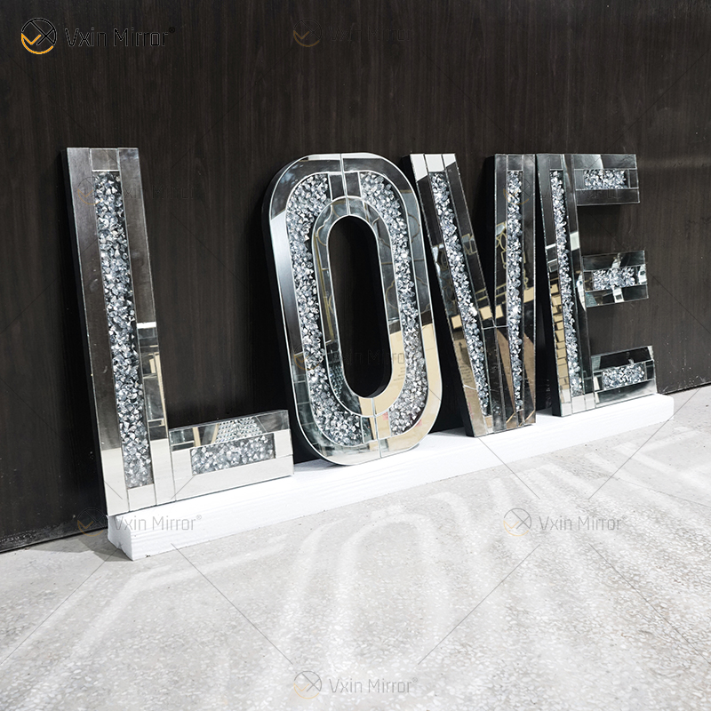 Silver Crushed Crystal Diamond Mirror Letters Wall Hung Xmas Mirrored Love Decoration Mirror Wall Art For Sofa Furniture