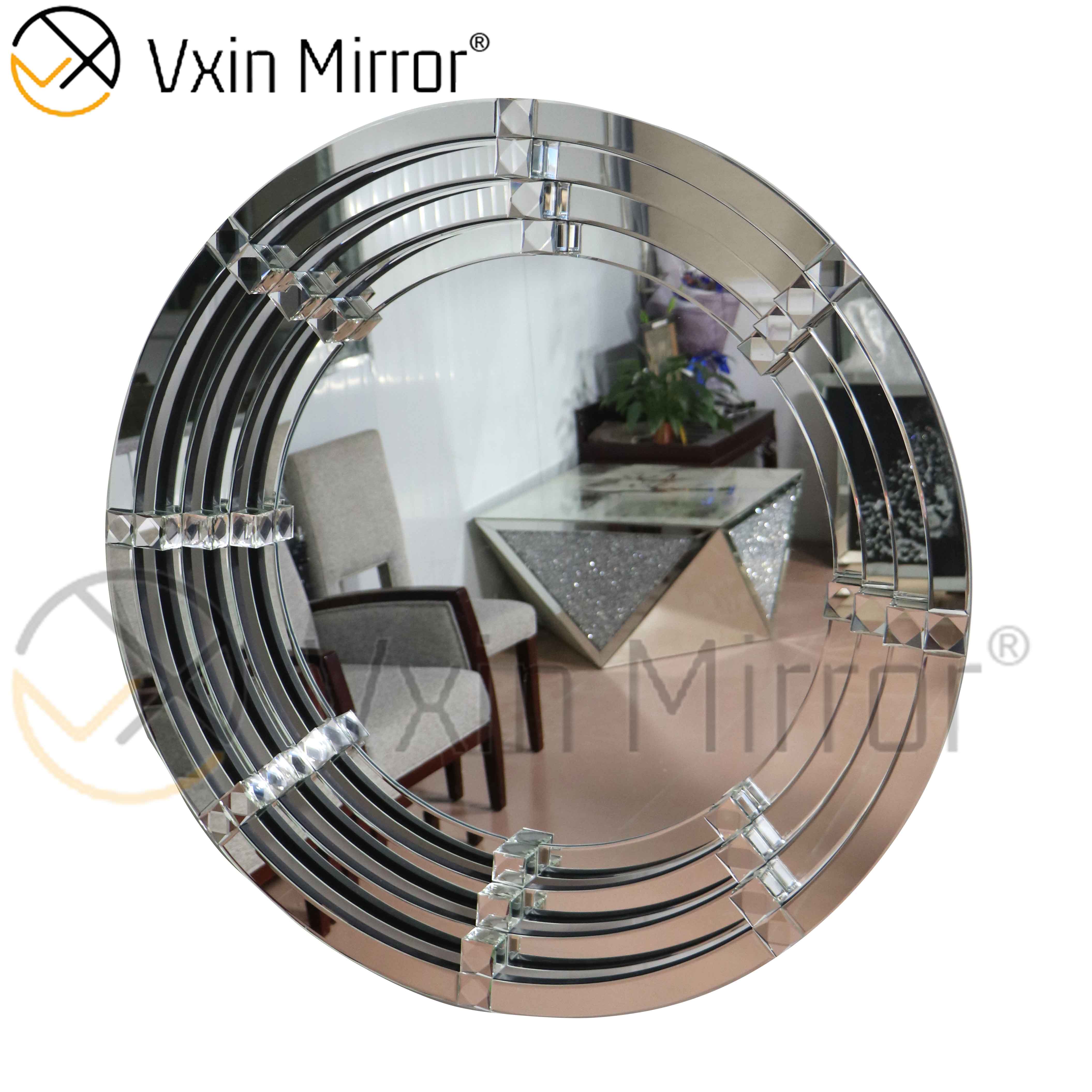 3D Curved WXM-2147 Silver Round Crystal Wall Hanging Mirror