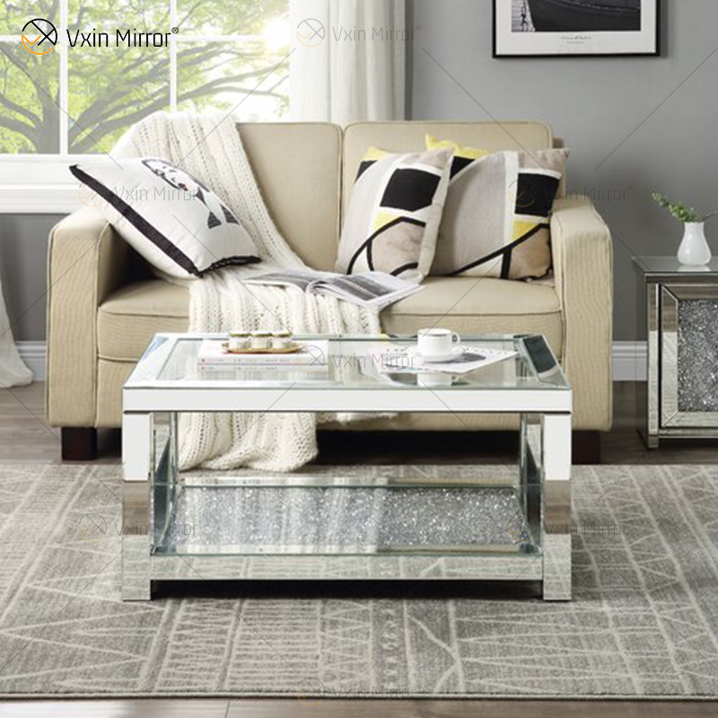 Vxin Sparkling Crushed Diamond Mirrored Coffee Table Silver Covered with Diamonds for Living Room