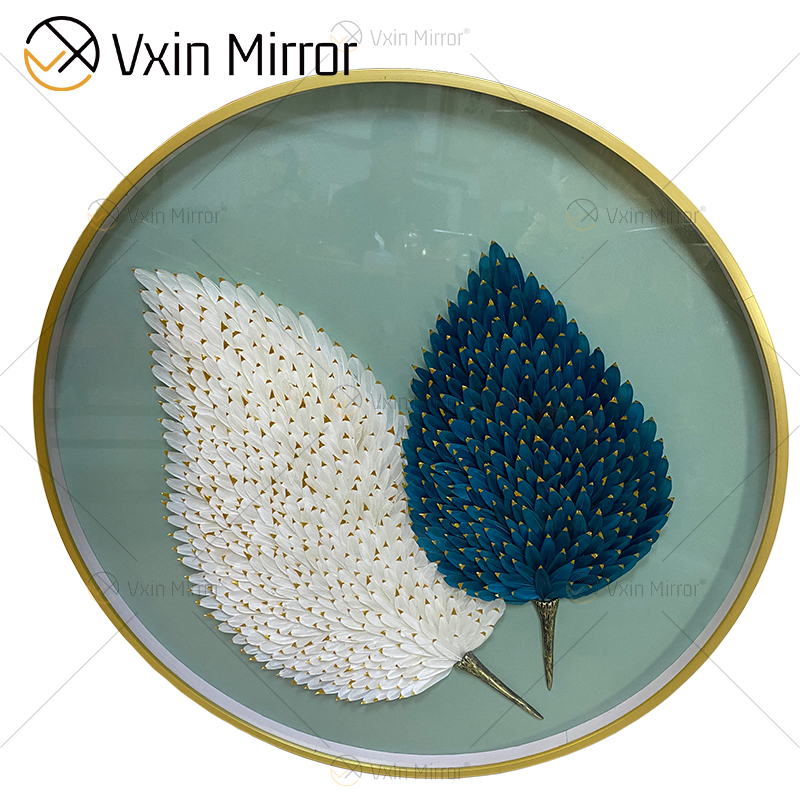 Modern Minimalism White Blue Feather Painting Luxury Round Crystal Wall-mounted Art Painting
