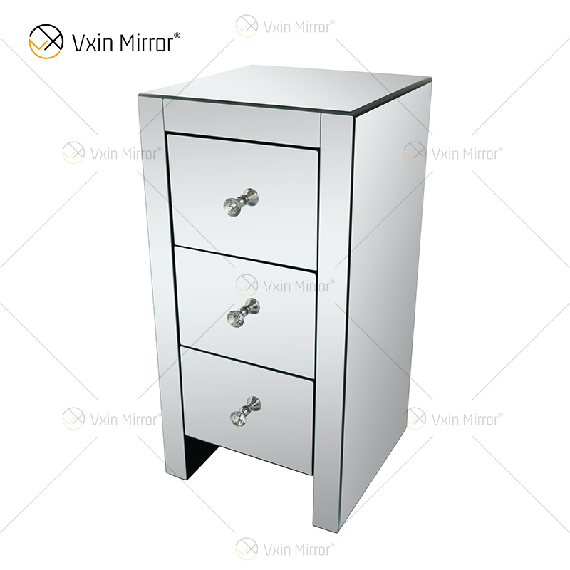 Factory Modern WXF-032 Three Drawer Silver Glass Mirrored Nightstand Bedside Table