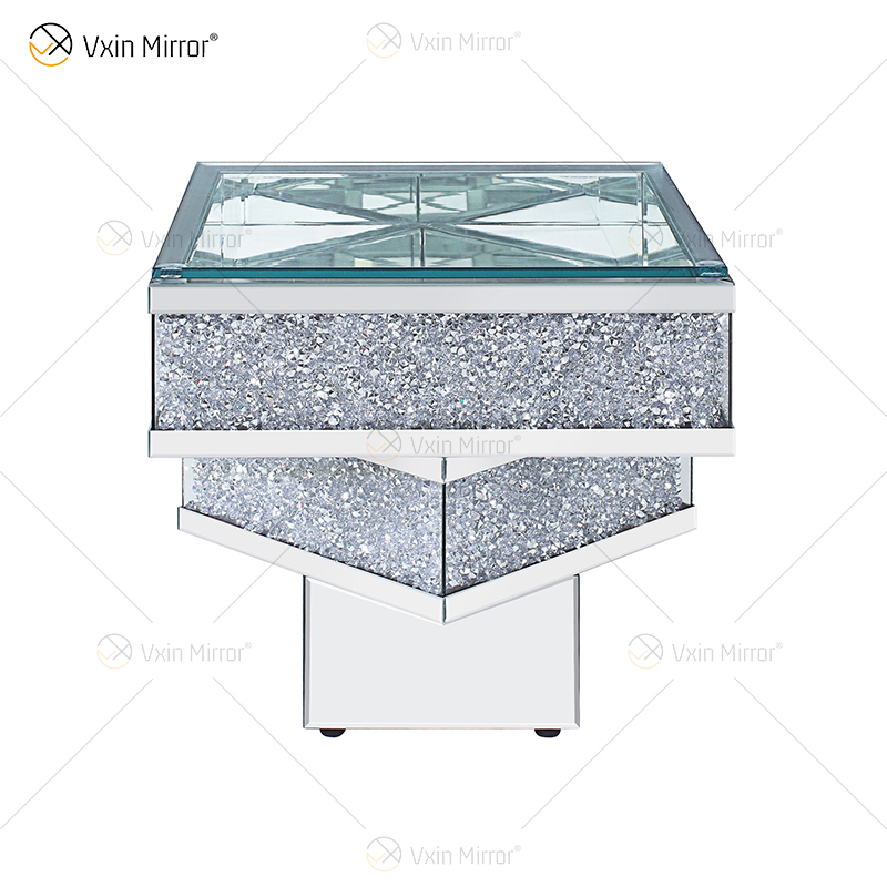 Vxin WXF-158-1 3D Crushed Diamond End Table Silver Mirror Tempered Glass Side Table