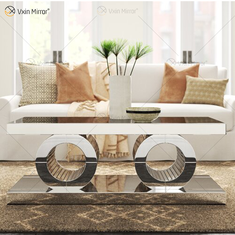 Vxin 3D Sparkling Simple Modern Glass Coffee Table Geometry Mirrored Coffee Table Silver Covered for Living Room