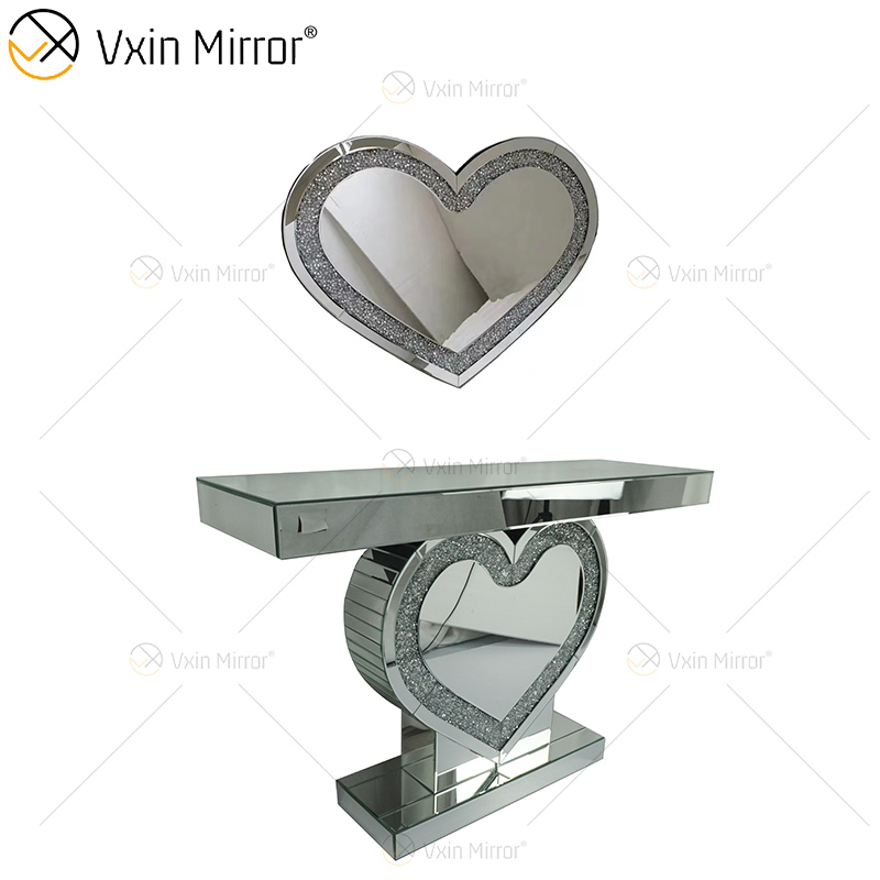 Vxin Mirror Factory Supply Silver Crystal Heart Design Console Table with Mirror Hallway for Living Room Furniture