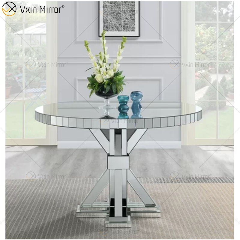 2020 New Design WXF-160 Crushed Diamond Round Silver Dining Table with Toughened Glass Table Top