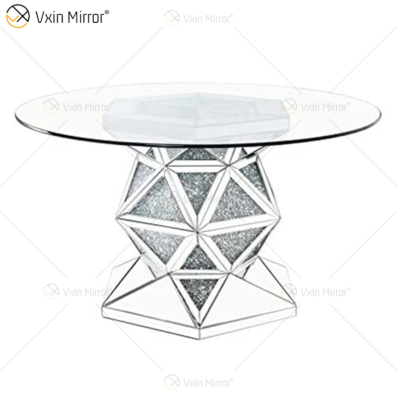 2020 New Design WXF-160 Crushed Diamond Round Silver Dining Table with Toughened Glass Table Top