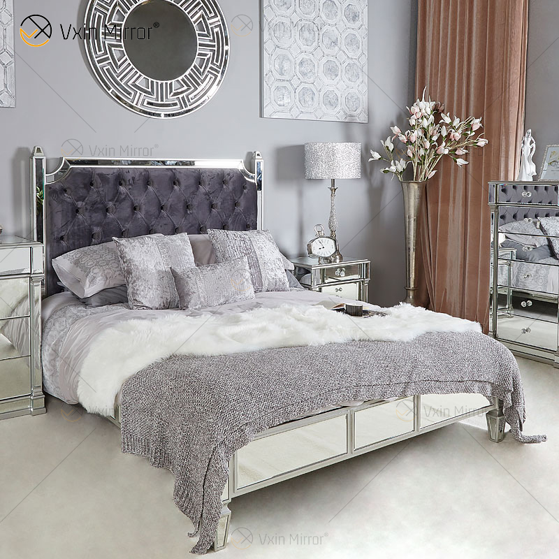 Antique King Grace Champagne Silver Frame Mirrored Super Bed Furniture