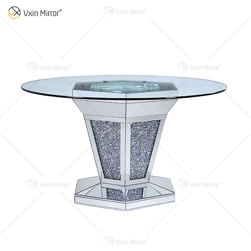 2020 New Design WXF-100 Crushed Diamond Round Silver Dining Table with Toughened Glass Table Top