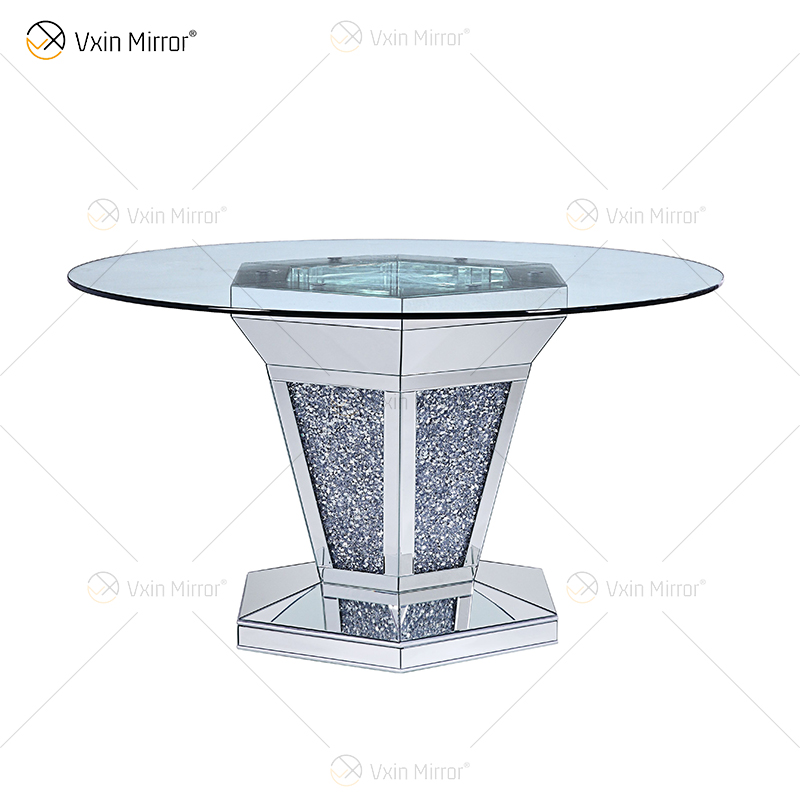 2020 New Design WXF-100 Crushed Diamond Round Silver Dining Table with Toughened Glass Table Top