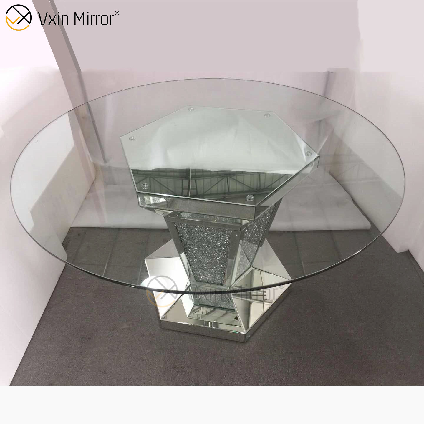 2020 New Design WXF-100 Crushed Diamond Round Silver Dining Table with Toughened Glass Table Top