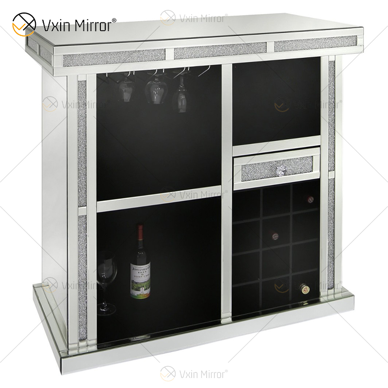 Vxin Home Decor WXF-142 Silver Mirored Crushed Diamond Tall Wine Cabinet with One Drawers