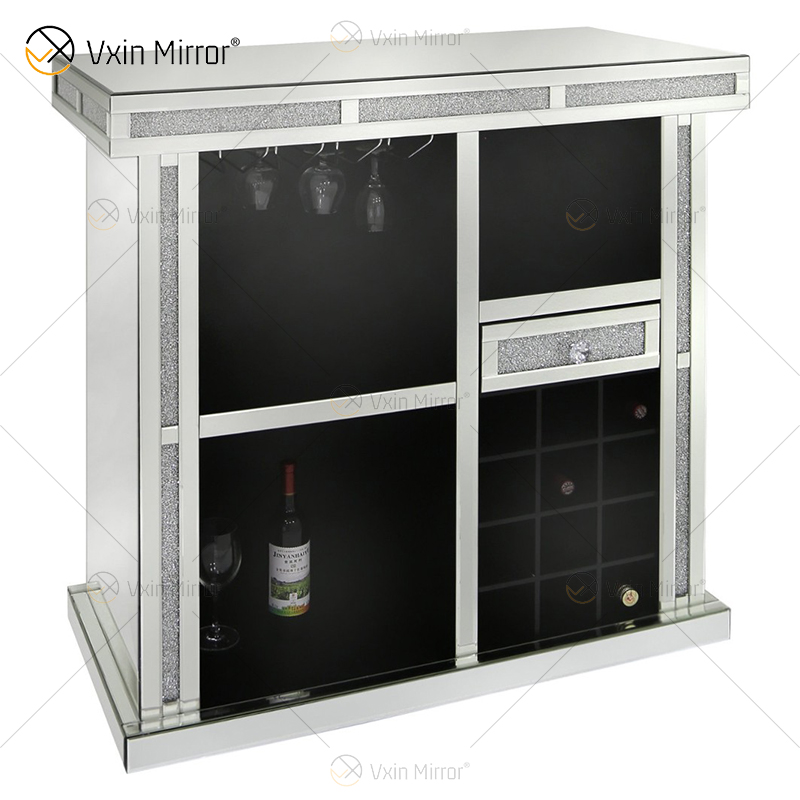 Vxin Home Decor WXF-142 Silver Mirored Crushed Diamond Tall Wine Cabinet with One Drawers