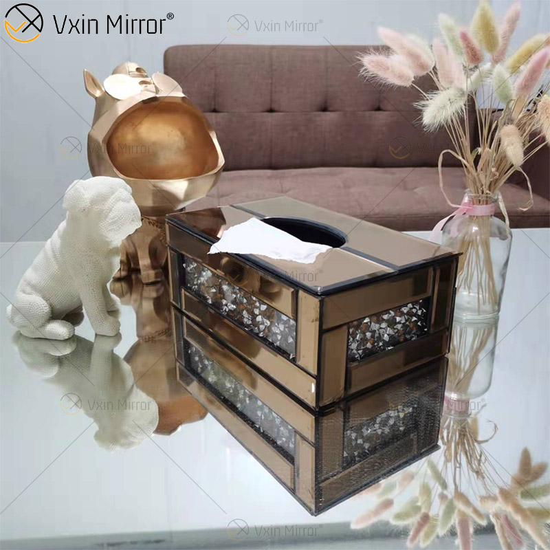 Vxin Mirror WXB-001 Brown Luxury Glass Crushed Diamond Tissue Box Mirror Tissue Box