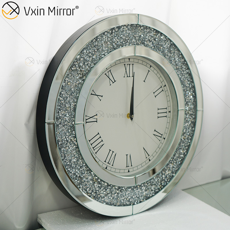 Hot Sale Modern Silver Crushed Diamond Round Mirror Wall Clock