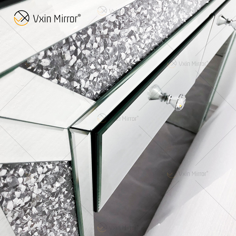 Hot Sell Modern Crushed Diamond Silver Dressing Table Stool 2 Drawers with Full-length Mirror