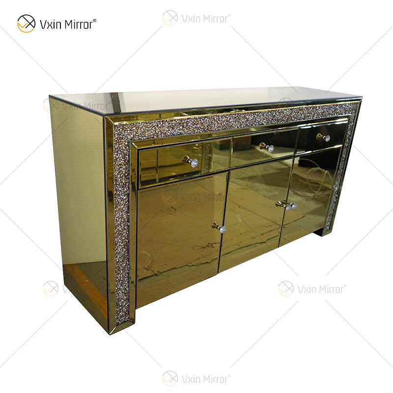 Luxury Decor WXF-099 Gold Mirored Crushed Diamond Cupboard Cabinet With Muti Drawers