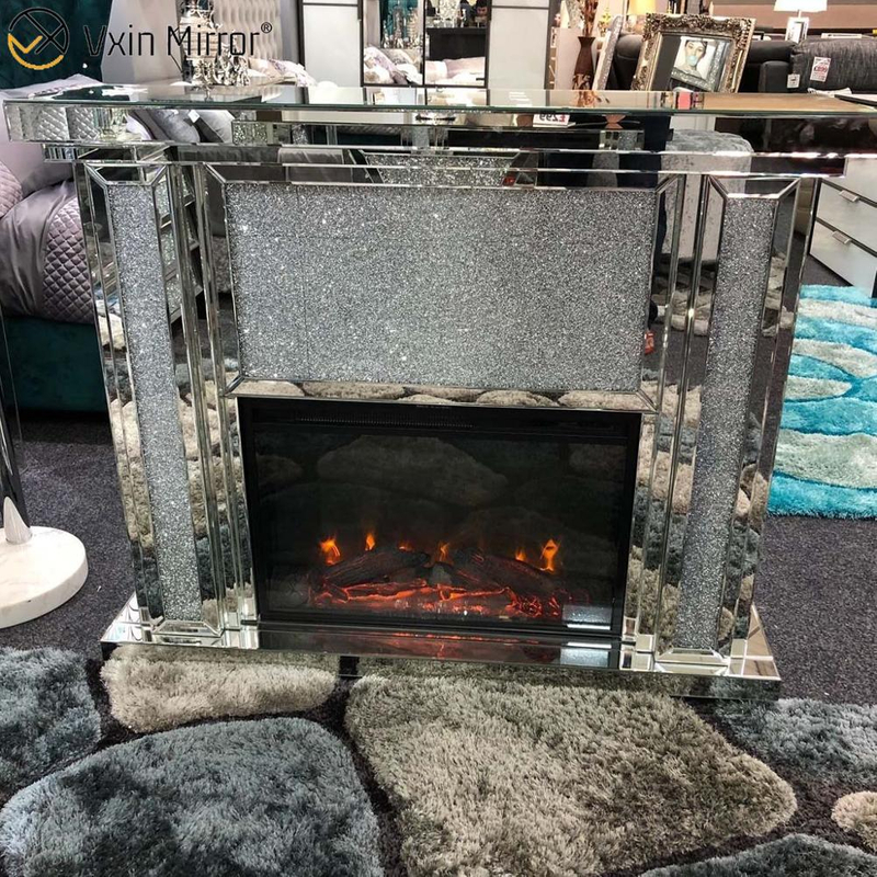Living Room Furniture Luxury Style LED Crushed Crystal Diamond Mirror Fireplace