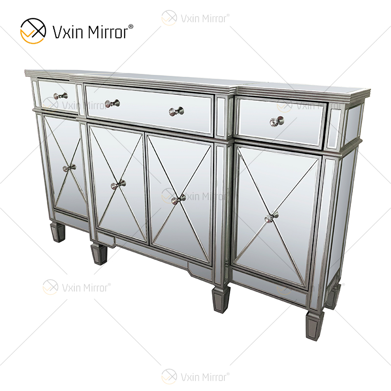 WXF-027-1 Champagne Silver Home Decor Mirored Cupboard Cabinet With Muti Drawers