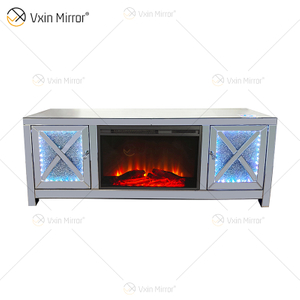 WXF-1054 Silver Crystal LED Mirrored Fireplace TV Stands Cabinet With Blue-tooth And Speaker Mirror TV Stand