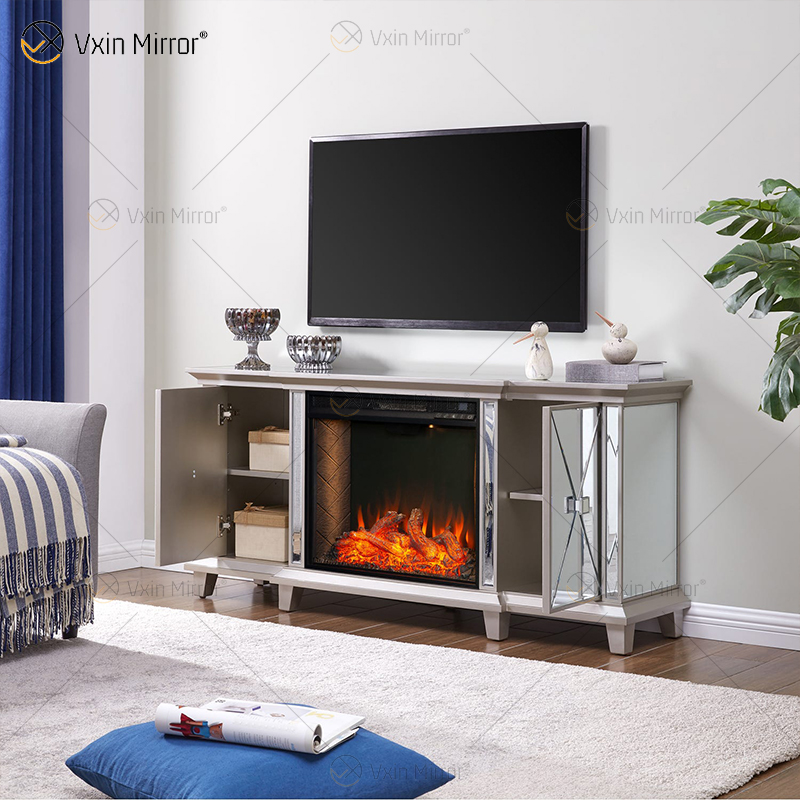 Ornate Berlin Furniture WXF-415 Champagne Silver Mirrored Fireplace TV Stands Cabinet With Hot Wind Insert 2 Types