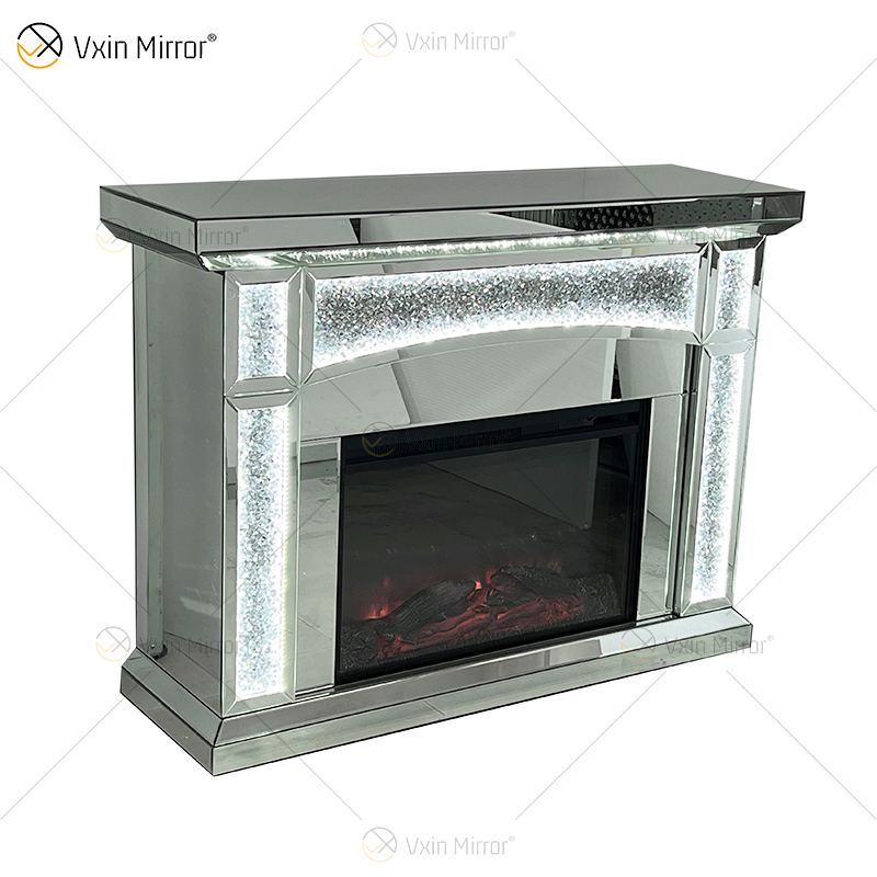 New Design WXMF026-1 LED Silver Crystal Glass Living Room Mirror Fireplace with Insert Indoor