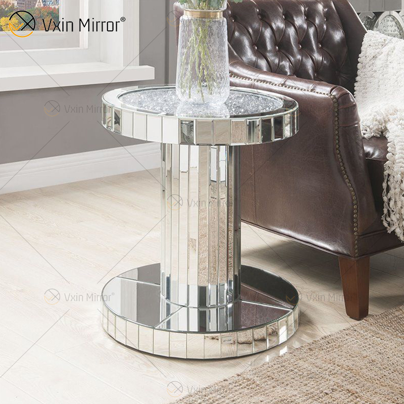 Vxin WXF-270-1 3D Sparkling Crushed Diamond Round Mirrored Coffee Table Silver Covered with Diamonds