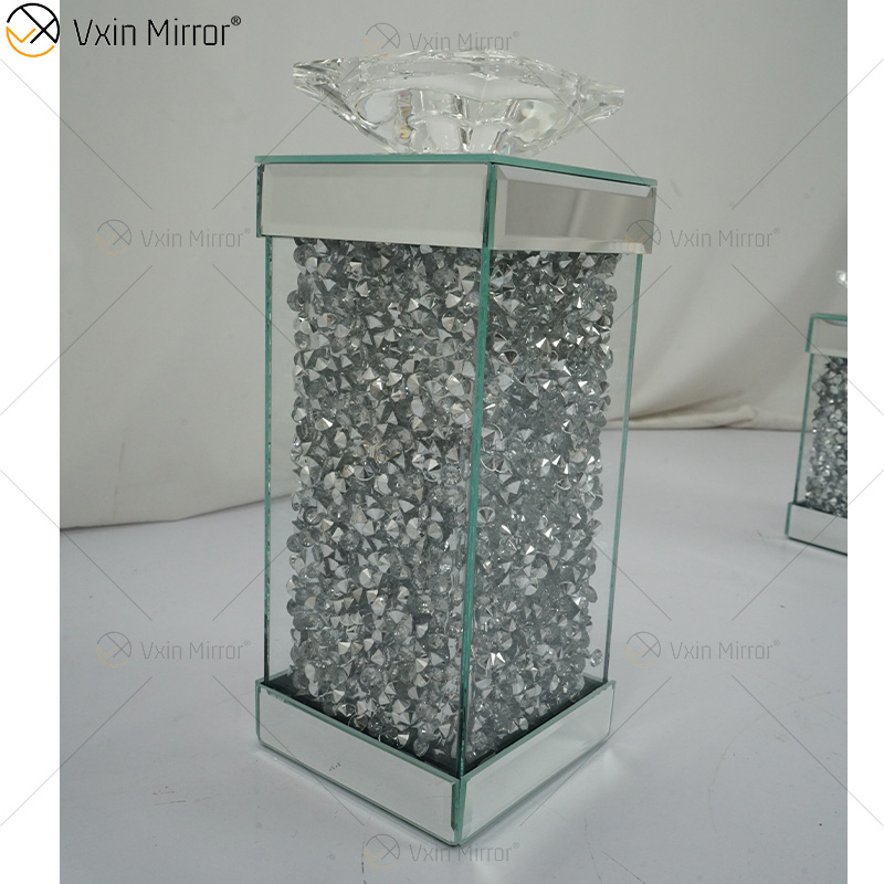 Vxin Mirror WXCH-078 Silver Floating Crystals Mirrored Candelabra Candle Holder