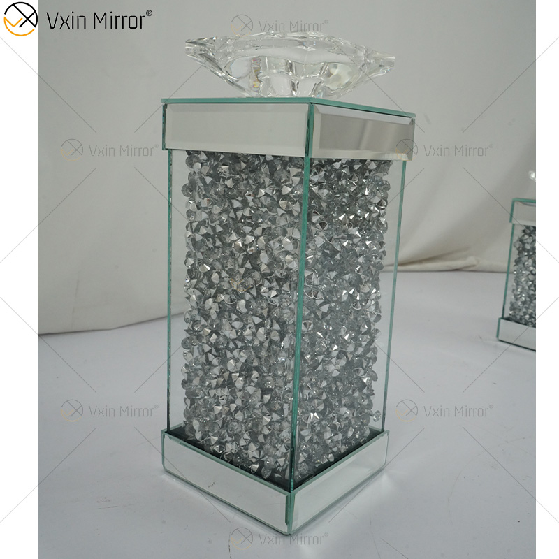 Vxin Mirror WXCH-078 Silver Floating Crystals Mirrored Candelabra Candle Holder