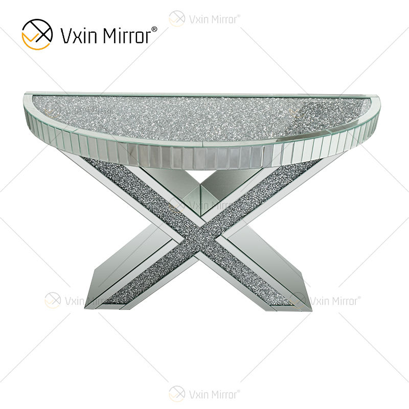 round mirror above console table