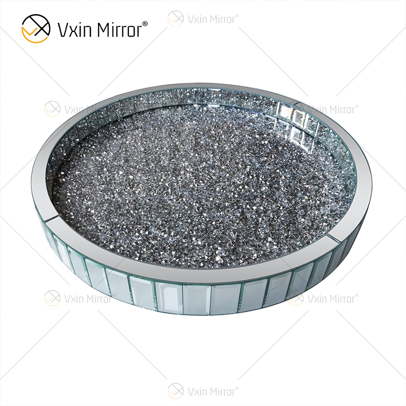 Hot Sale WXMT-015 Modern Decor Silver Crushed Diamond Mirrored Round Tray