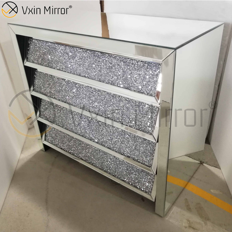 Vxin Silver WXF-706 Crushed with Diamond Nightstand Bevel Bedside Table With 4 Drawer Mirrored Bedside Table
