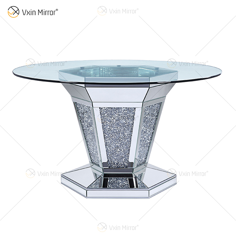 2020 New Design WXF-100 Crushed Diamond Round Silver Dining Table with Toughened Glass Table Top