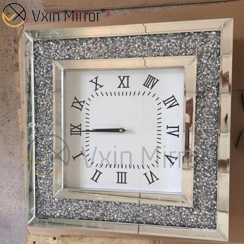 Luxury Elegant Modern Silver Crushed Diamond Mirror Wall Clock