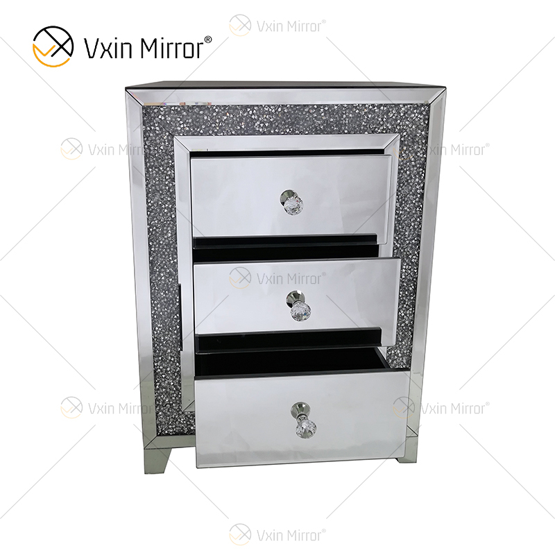 Good Quality Silver Crushed Diamond Frame Nightstand Bedside Table with 3 Drawer Mirrored Bedside Table