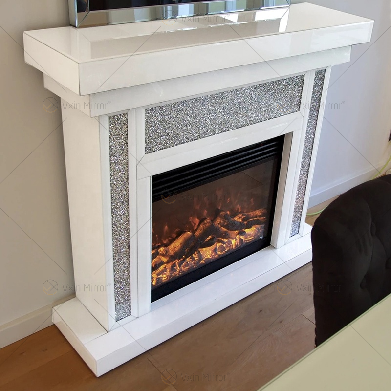 Luxury Indoor Crushed Diamond Crystal White Glass Mirror Fireplace in Living Room Furniture WXWF-1108