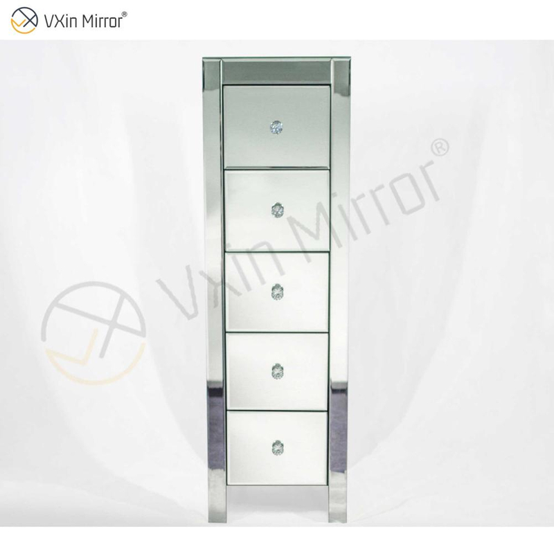 Vxin Mirror WXF-006 Five Drawer Silver Glass Nightstand Bedside Table Mirrored Bedside Table
