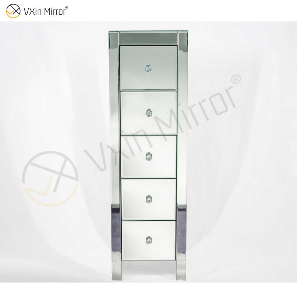 Vxin Mirror WXF-006 Five Drawer Silver Glass Nightstand Bedside Table Mirrored Bedside Table