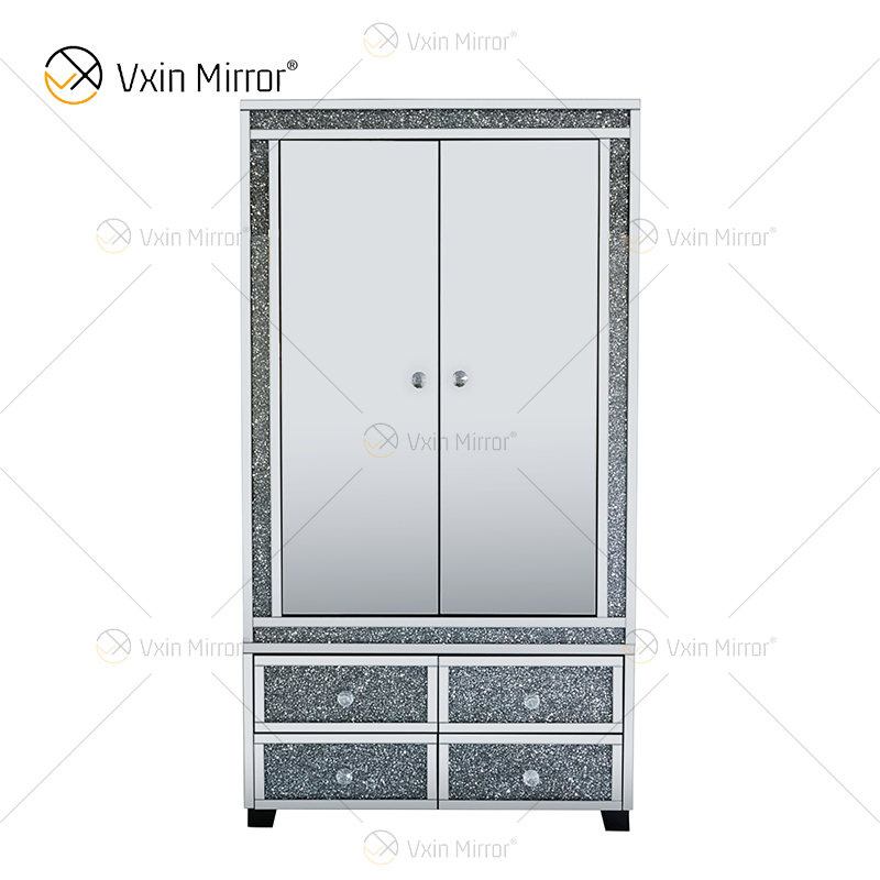 Hot Sell Mirrored Bedroom Furniture Set Wardrobe Black Crushed Diamond Mirrored Bed With Bedside Table