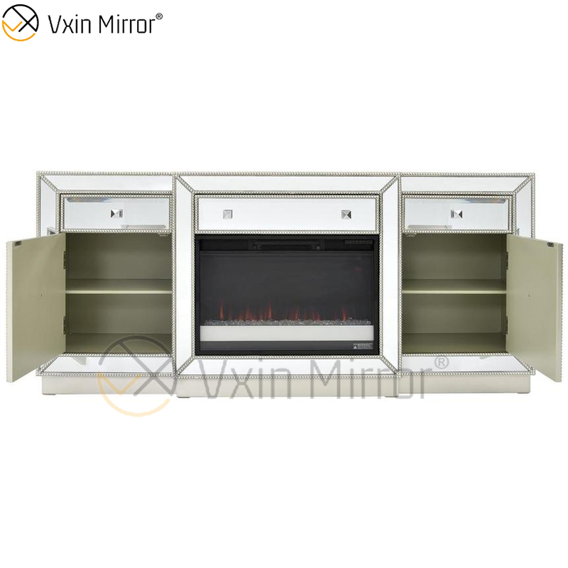 Vxin Mirror Furniture Crushed Diamond Champagne Mirrored Fireplace TV Stands Cabinet Stands with Crystal Insert