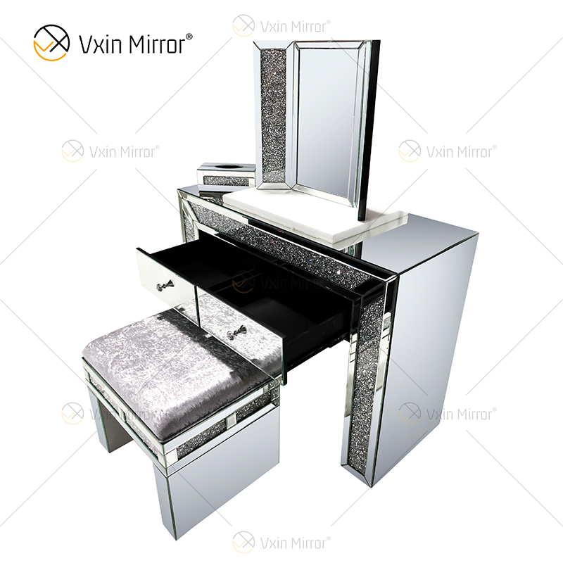 Hot Sell Modern Crushed Diamond Silver Dressing Table Stool 2 Drawers with Full-length Mirror